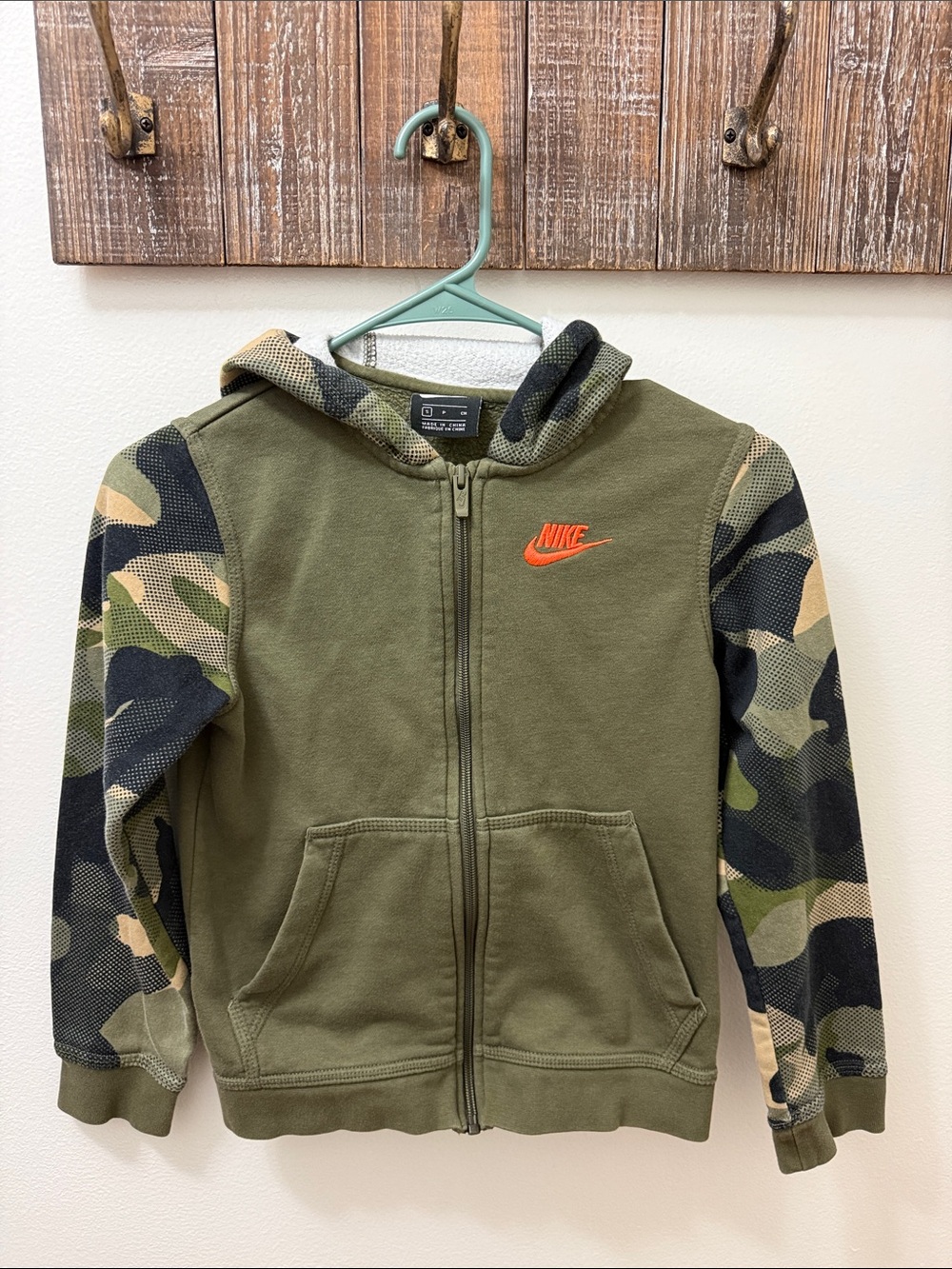Nike Kids Olive Green Camo Sleeve Zip Hoodie with Orange Logo